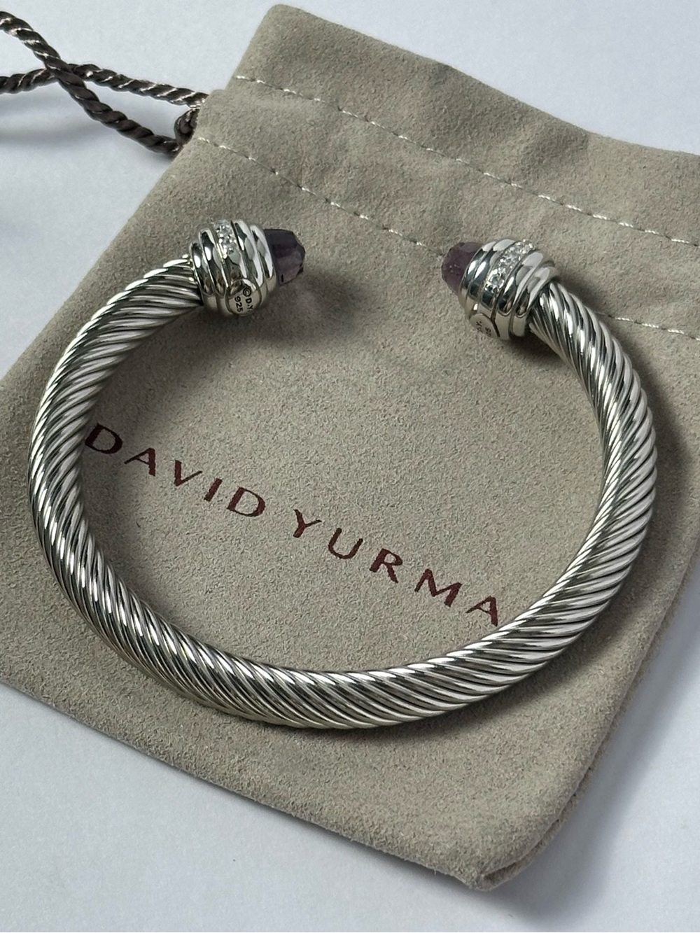 David Yurman 7mm Cable Cuff Purple Amethyst and Pave Bracelet Size L